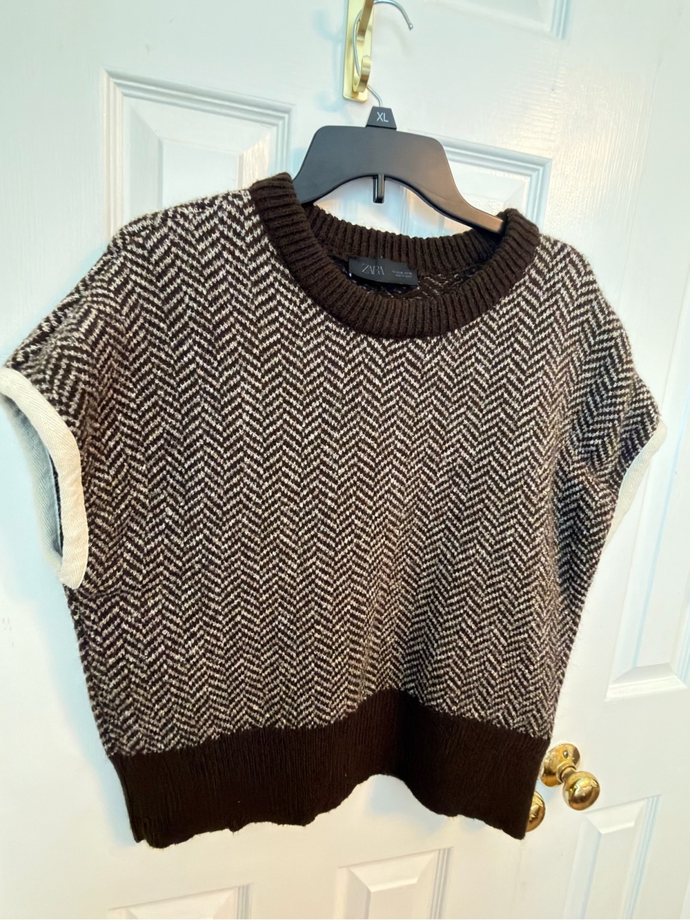 Zara Brown & Cream Herringbone Crewneck Sweater Top